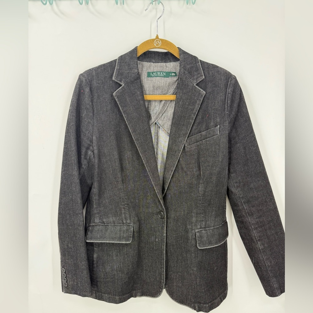 Lauren Ralph Lauren dark navy W/white stitch denim single button blazer, 10